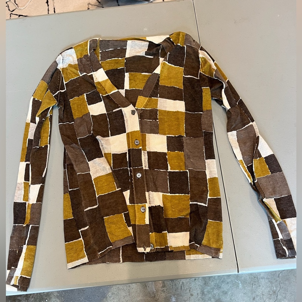 Patchwork Cardigan Sweater - Brown and Yellow